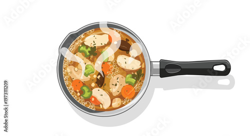 Wholesome simmering stew with tender chicken chunks and vibrant vegetables cooking in a stovetop pan, a culinary delight