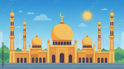 Majestic mosque with golden domes and minarets under sunny blue sky with fluffy clouds
