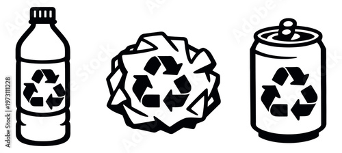 Simple hand drawn line art recycling icons set featuring a plastic bottle, crumpled paper, and an aluminum can for eco-friendly designs and sustainability
