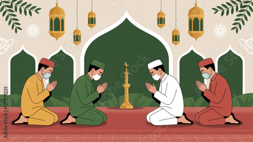 Four men in traditional islamic clothing praying in a mosque with masks on their faces during ramadan