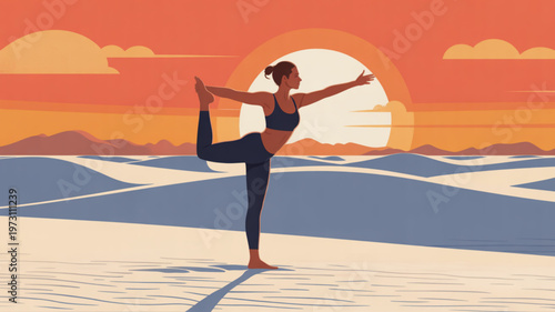 Woman in yoga pose on sandy beach at sunset with orange sky and mountains in background