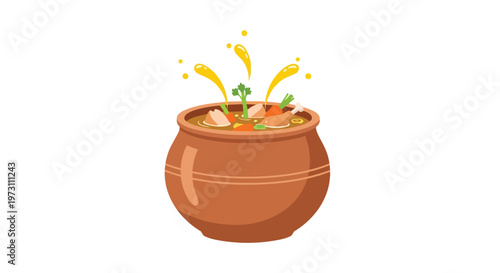 Wholesome Nourishing Stew Bubbling Joyfully in a Rustic Earthenware Pot with Splashes of Flavorful Essence Ascending Skyward