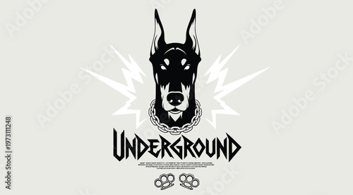 Doberman dog head logo with chain collar and brass knuckles, underground style emblem for streetwear or sports club