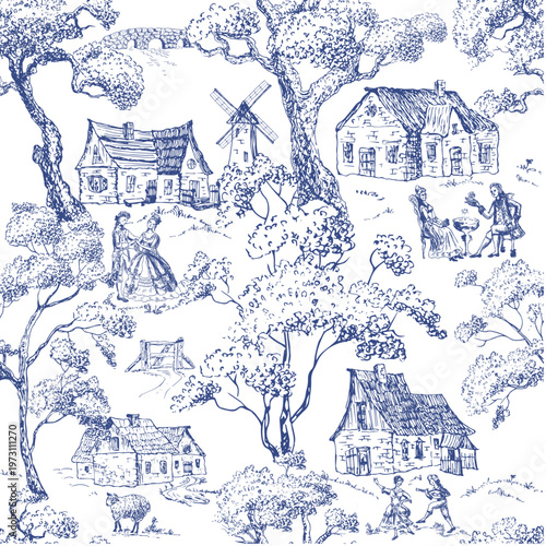 Women and men dancing,  pastoral gallantry scene , a country house, a big trees, toile de Jouy blue  pattern for wallpaper, textile.