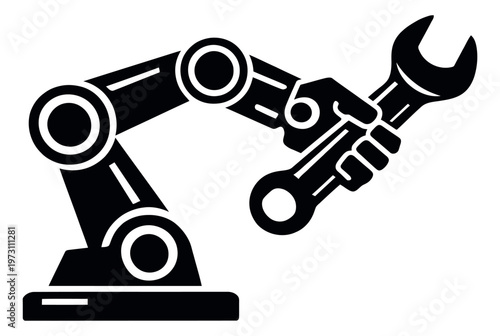 Graphic illustration of a robotic arm depicting gripping a wrench for industrial maintenance and repair