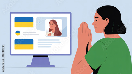 Woman praying in front of computer with video call on screen displaying ukrainian flag colors and another woman