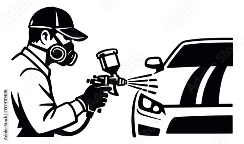 Graphic line art illustration of a car painter depicting spray painting a vehicle for auto body repair service