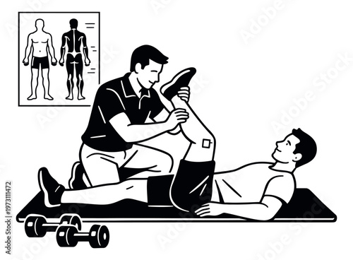 Hand drawn line art illustration of a physiotherapist and patient depicting a leg stretching exercise for physical therapy and rehabilitation