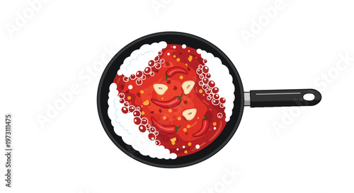 A vibrant culinary scene unfolds within a cooking pan, showcasing a bubbling, spicy concoction with chili peppers and garlic, ready to be prepared.