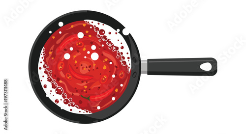 Vibrant bubbling hot sauce with chili peppers simmering in a black frying pan overhead view isolated on white background illustration