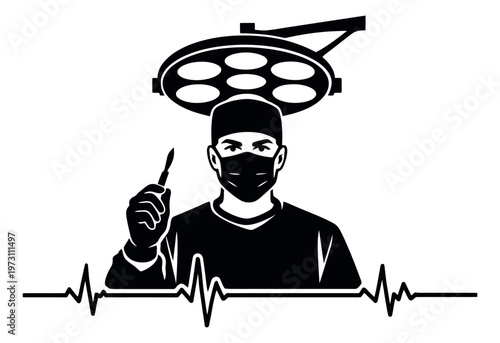Graphic illustration of a surgeon depicting him ready for surgery with a scalpel and operating light for medical care