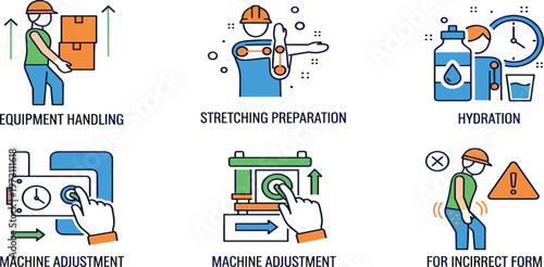 Workplace Safety and Equipment Handling Illustration Set Featuring Lifting Techniques, Stretching Preparation, Hydration, Machine Adjustment, and Injury Prevention Guidelines