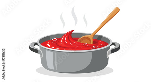 Illustration of a simmering pot of rich red tomato sauce being stirred with a wooden spoon, emitting gentle steam, perfect for culinary themes