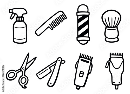 Hand drawn line art barbershop tools set featuring a spray bottle, comb, barber pole, shaving brush, scissors, straight razor, and hair clippers for professional grooming
