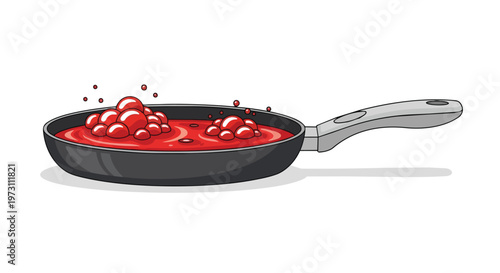 Vibrant red liquid with frothy bubbles simmers within a sleek, modern frying pan, suggesting culinary creation and delightful preparation