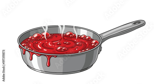 Bubbling Crimson Elixir Simmers in a Stainless Steel Pan with Steam Wisps Rising