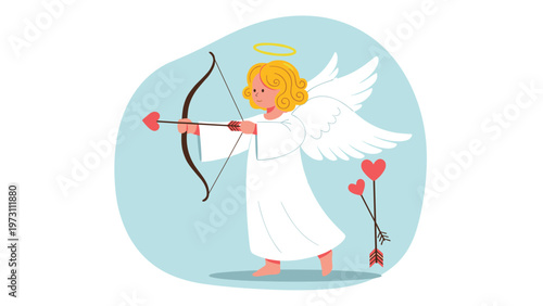 Cute cupid angel character with blonde curly hair and wings aiming a heart shaped arrow with a wooden bow for valentines day.