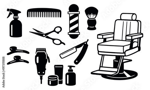 Graphic icon barber shop tools set featuring a barber chair, scissors, comb, clippers, and shaving accessories for hair styling and grooming services