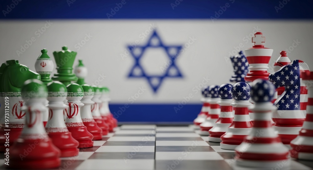 Naklejka premium A chessboard with Iranian and American pieces facing each other in front of the Israeli flag
