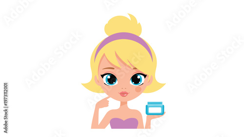 Cute blonde girl holding a blue jar of beauty cream and pointing to her cheek against a clean white background.