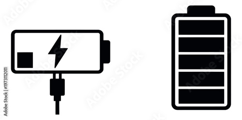 Line art battery icon set featuring a charging indicator and a full charge level for power and energy status display