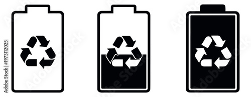 Outline and glyph battery icon set featuring recycle symbols at varying charge levels for sustainable energy concepts