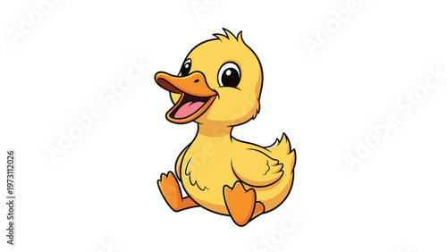 Adorable small yellow duckling character sitting down and looking happy with a wide open beak on white background.