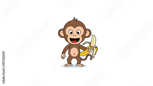 Cute and happy cartoon monkey character standing and holding a partially peeled yellow banana on a white background.