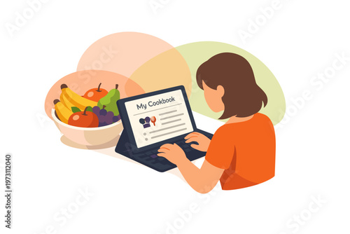 Woman creating digital cookbook on tablet with bowl of fruit