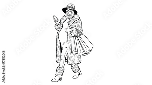 Stylish black and white line drawing of a pregnant woman in a fur coat walking with shopping bags and a phone.
