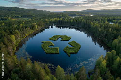 A lake in the shape of a recycling sign in the middle of untouched nature. An ecological metaphor for ecological waste management and a sustainable and economical lifestyle
