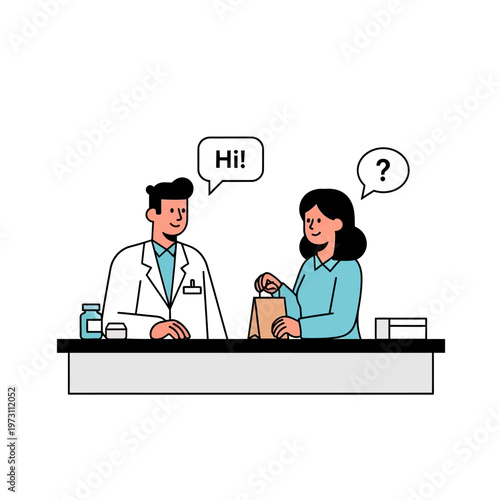 Pharmacist and Customer Interaction at Counter with Medication