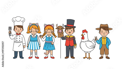 Diverse group of young children dressed in imaginative costumes including a chef, cat, puppeteer, chicken, and cowboy standing in a row.