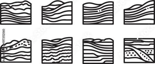 Black and white geometric patterns with various line thicknesses and orientations Vector