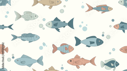 Seamless pattern featuring a variety of hand-drawn fish in soft blue and peach tones swimming among bubbles on a light cream background.