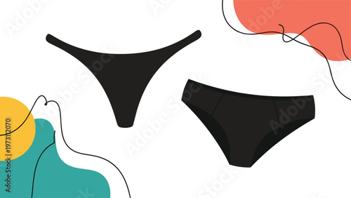 Pair of modern black women's underwear styles displayed against an abstract background with colorful geometric shapes.