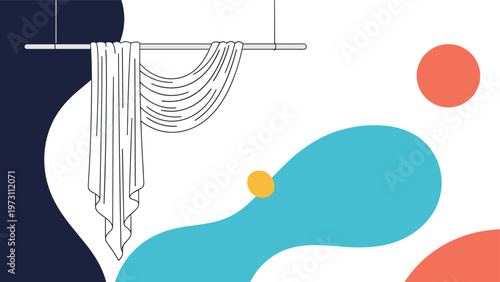 Artistic white curtain fabric draped over a rod set against a background of abstract blue and orange organic shapes.