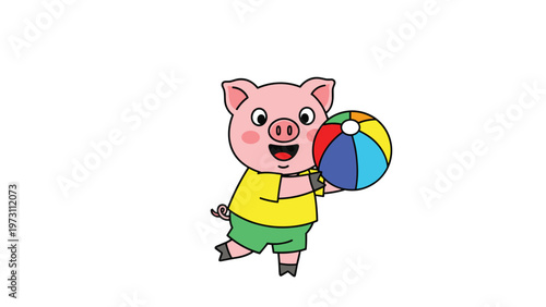 Cheerful little pig character wearing a yellow shirt and green shorts happily holding a colorful striped beach ball on a white background.
