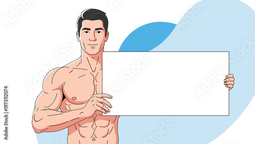 Muscular and fit man with a bare chest holding a large blank white board for your message or advertising text.