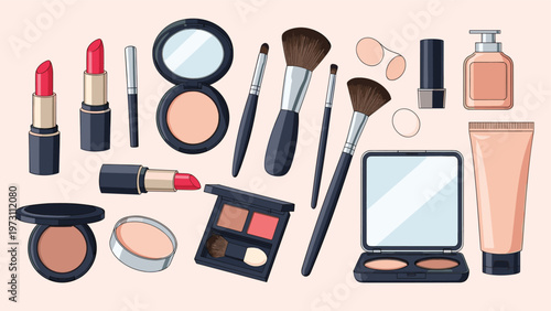 Collection of makeup products and beauty tools including lipsticks, brushes, foundation, and eye shadow palettes on a soft pink background.