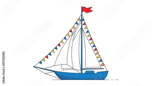 Beautiful blue sailboat with white sails decorated with colorful pennant flags sailing against a clean white background.