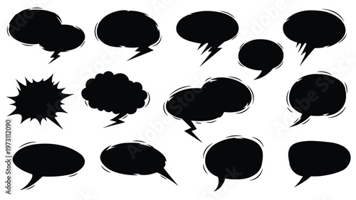Set of various black speech and thought bubble silhouettes in different shapes and styles for comic book designs or graphic illustrations.