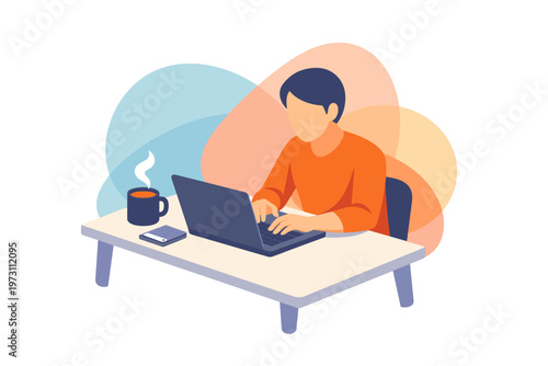 Freelance man working on laptop at desk side hustle digital workspace