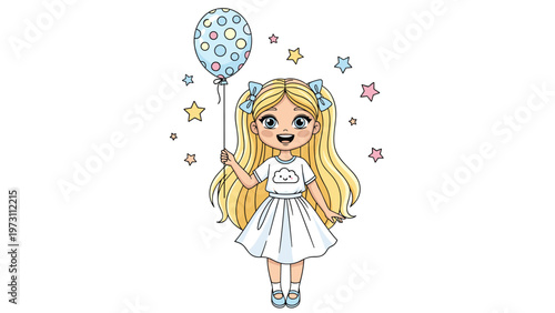 Sweet blonde girl with pigtails wearing a white dress and holding a blue polka dot balloon surrounded by colorful stars.