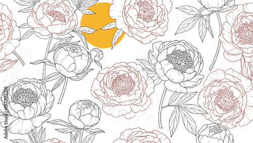 Detailed black and white line art pattern of peony flowers and buds scattered across a white background with a large yellow circle.