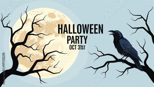 Spooky Halloween party poster featuring a large full moon, silhouettes of gnarled bare trees, and a black raven on a branch.