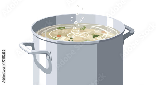 A close-up illustration of a steaming pot of vegetable soup with bubbles rising to the surface, depicting a comforting culinary scene
