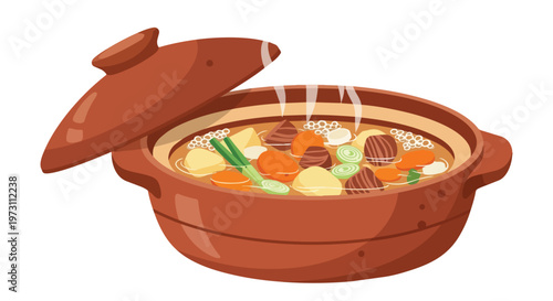 Hearty Stew in a Clay Pot Illustration Aromatic Wholesome Meal Steaming with Flavorful Ingredients