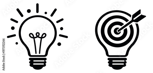 Minimalist line art concept icon set featuring lightbulb symbols for an idea and a target for business innovation and success