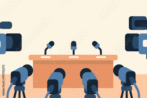Press conference podium with microphones and cameras facing forward, stylized vector illustration of media coverage.